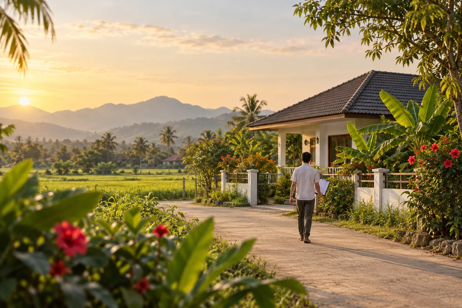 ผู้ตรวจทรัพย์ถือคลิปบอร์ดเดินไปยังบ้านชั้นเดียวในหมู่บ้านต่างจังหวัด ภาพแนวคิดประกอบการลงพื้นที่ดูทรัพย์จริงก่อนประเมิน