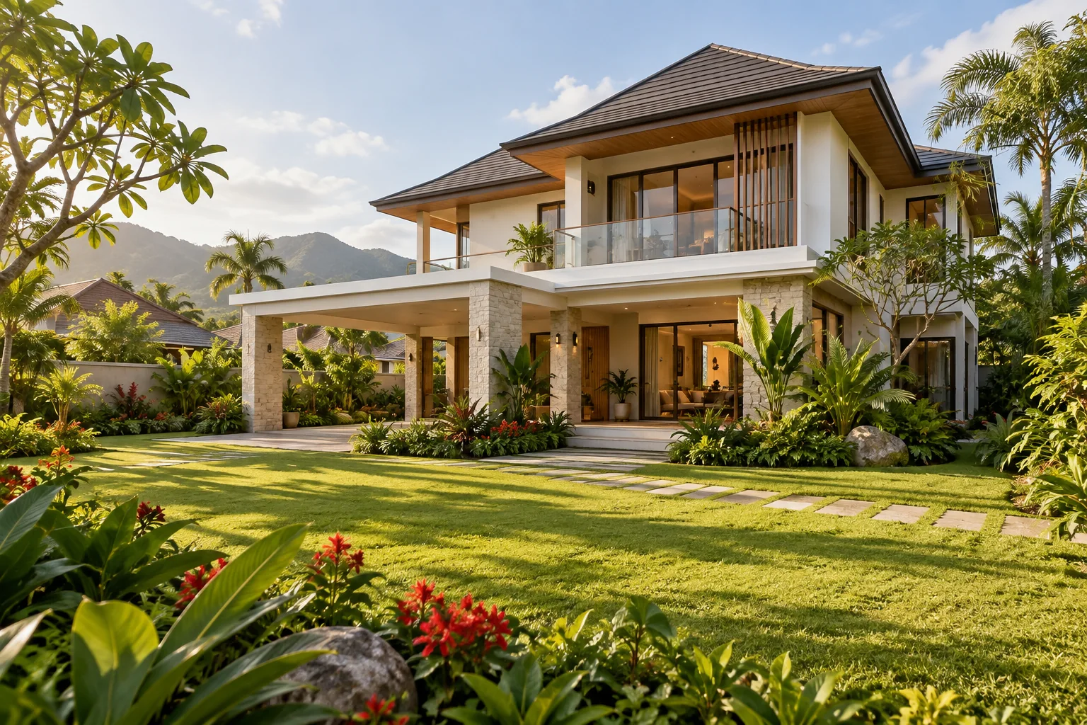 บ้านร่วมสมัยพร้อมสวนเขตร้อน ภาพแนวคิดประกอบบริการขายฝากบ้าน